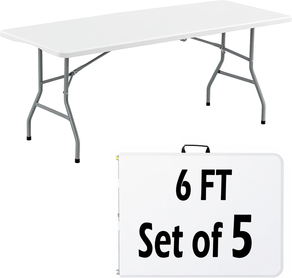 6FT White Plastic Folding Table Heavy Duty Tables Set of 5 | HDPE Tabletop Fo...