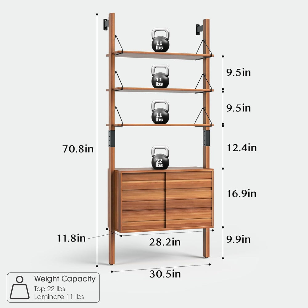 JOINICE 6 Tier Ladder Bookshelf with Storage Cabinet for Living Room,Cherry