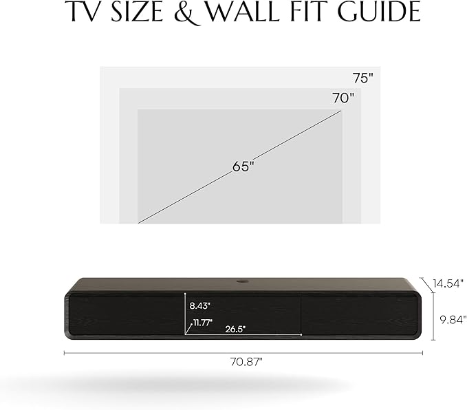 POVISON Fully-Assembled Minimalist Floating TV Stand, Modern Wall-Mounted Entertainment Center with 3 Flip-Down Cabinet Doors, Solid Wood Media Console, 70.87"