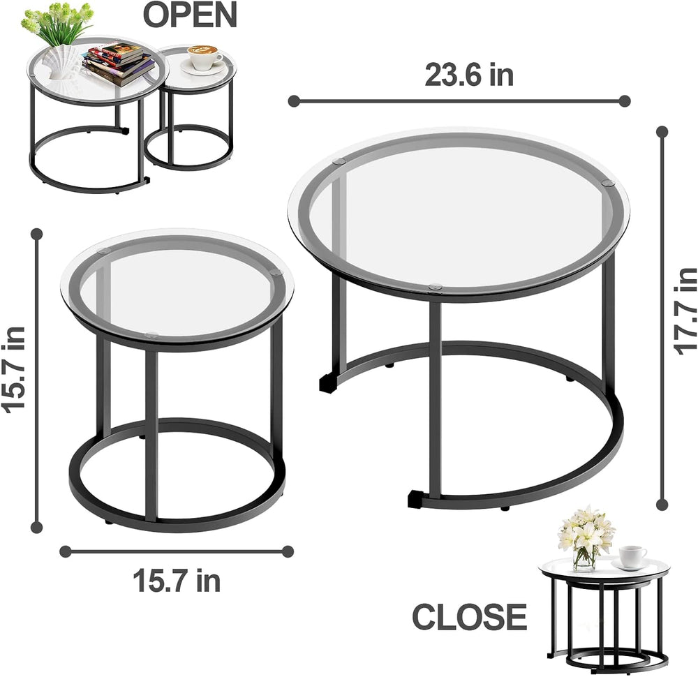 aboxoo Black Nesting Coffee Glass Table Set of 2, Metal Freme Side End Tables...