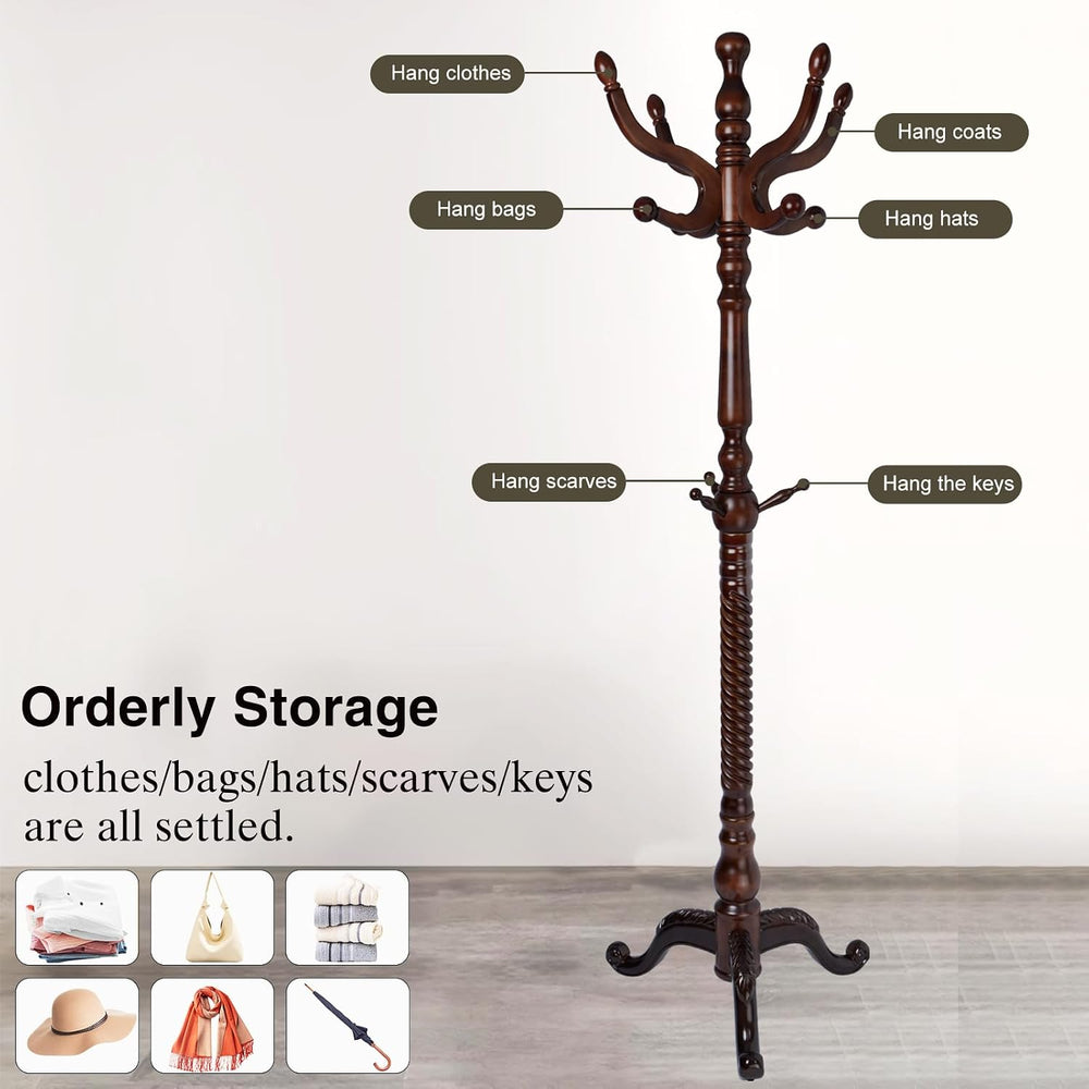 Wooden Coat Rack Freestanding, Hall Tree Hanger With Resin Hooks, Adjustable ...