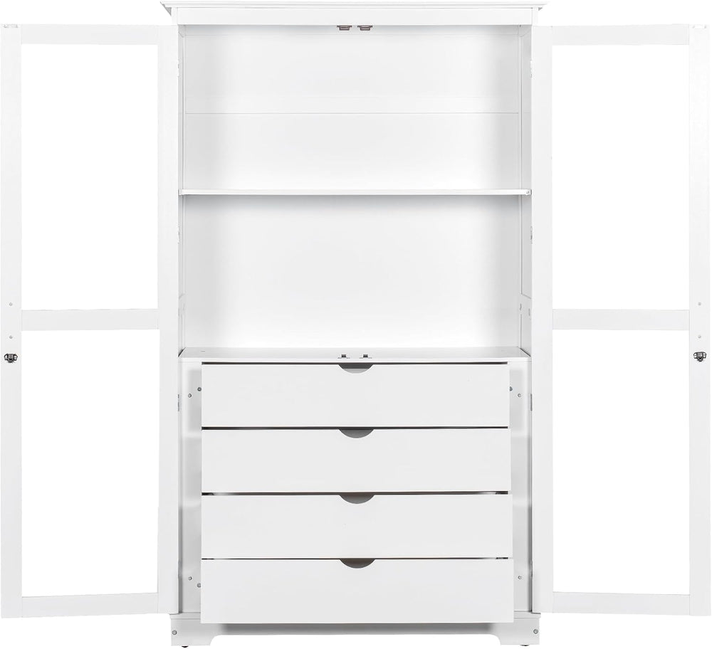 Freestanding Kitchen Pantry with Glass Doors and 4 Built-in Drawers, Large Ki...