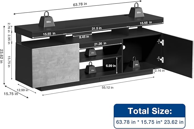 HOMMPA 70 Inch LED TV Stand for 70/65/60/55 inch TV Entertainment Center with Power Outlets, Gaming TV Consoles with Storage Media Cabniet with LED Lights for Living Room Black&Grey, Large