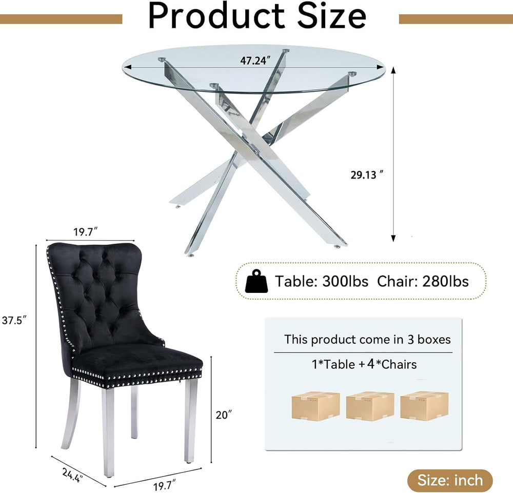 SSLine 5-Piece Round Glass Dining Table Set for 4, Modern Glass Kitchen Table...