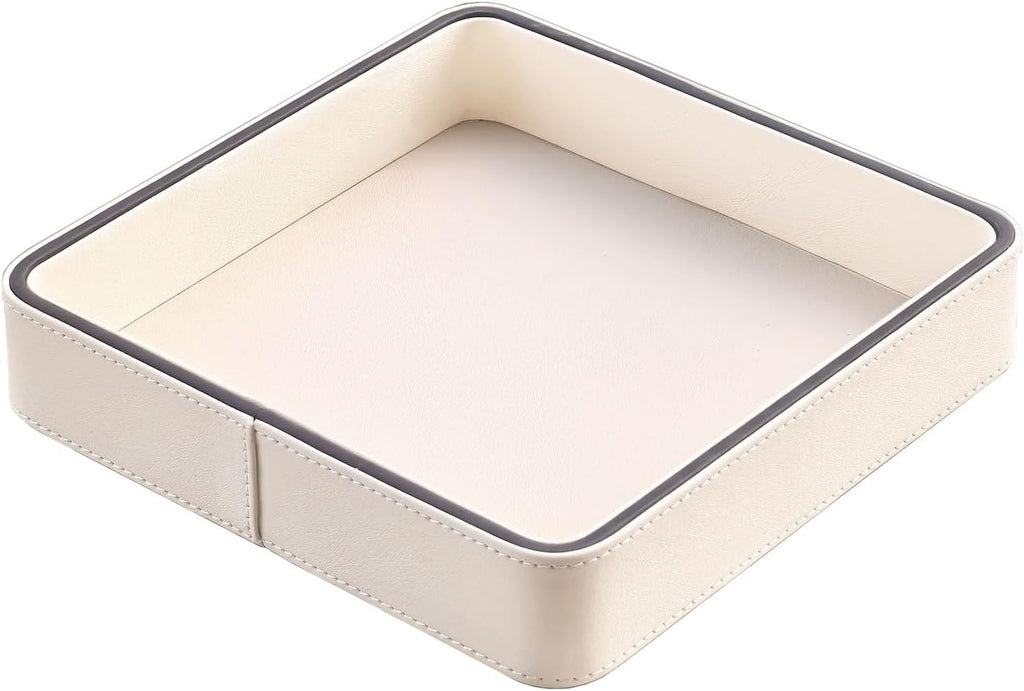 Faux Leather Square Vanity Tray 8x8x1.5 Inch, Decorative Makeup Jewelry Organizer for Dresser Bathroom Vanity Counter, Elegant Storage Tray for Perfume Skincare Cosmetics