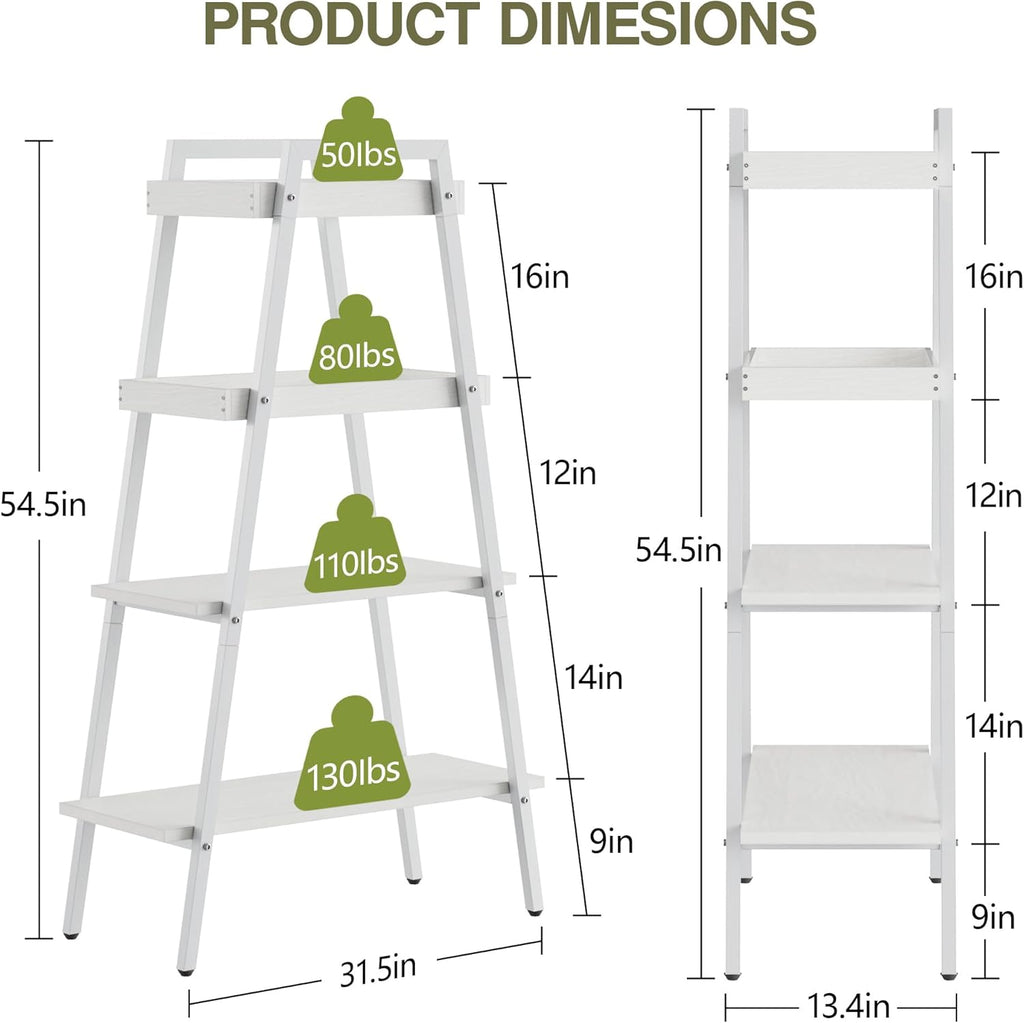 VECELO Ladder Shelf, 4 Tier Wooden Bookshelf with Metal Frame, Freestanding Bookcase Display Shelves and Plant Stand for Living Room/Farmhouse/Bedroom/Home Office-White