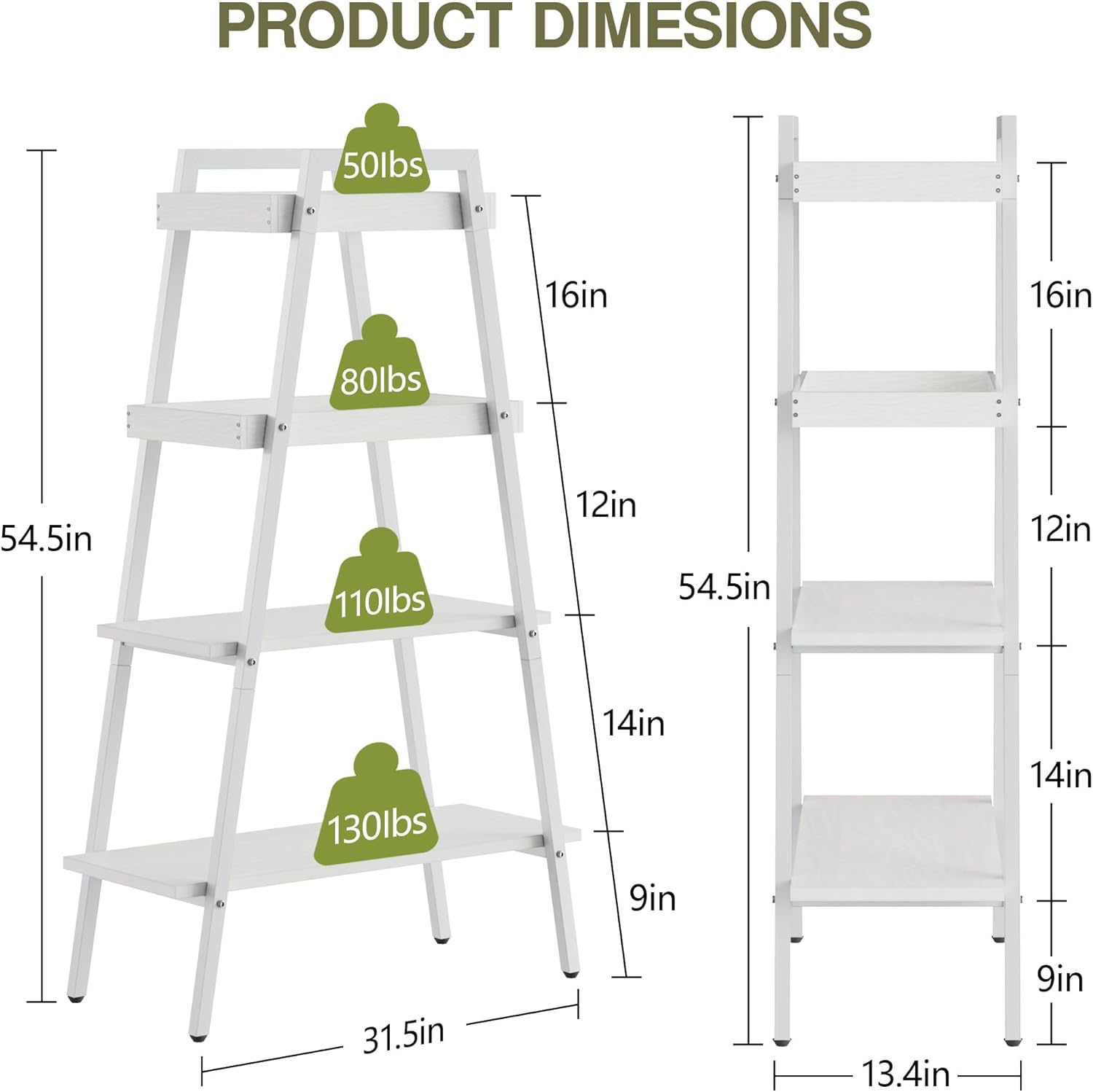 VECELO Ladder Shelf, 4 Tier Wooden Bookshelf with Metal Frame, Freestanding Bookcase Display Shelves and Plant Stand for Living Room/Farmhouse/Bedroom/Home Office-White