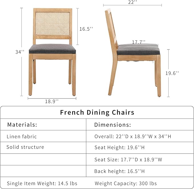 French Country Dining Chairs Set of 2, Grey Kitchen & Dining Room Chairs Set of 2, Rattan Dining Chairs, Cane Low Back, Wood Legs, Sillas De Comedor (Rattan, Gray, 2Pcs)