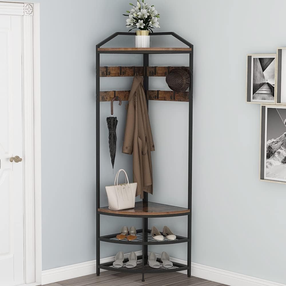 GiftGo Corner Hall Tree with Shoe Bench Entryway Coat Rack with 10 Metal Movable Hooks Floor Standing Clothes Rack Shoes Shelf Organizer for Home Office Bedroom (Rustic Brown)