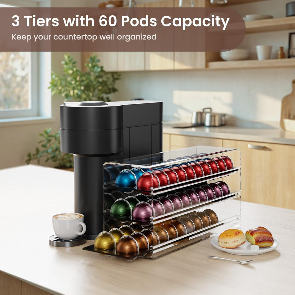 Acrylic Coffee Pod Drawer for Nespresso Vertuo Capsules, 3 Tier 60 Capacity Pods Organizer for Countertop Coffee Bar Home Office Kitchen