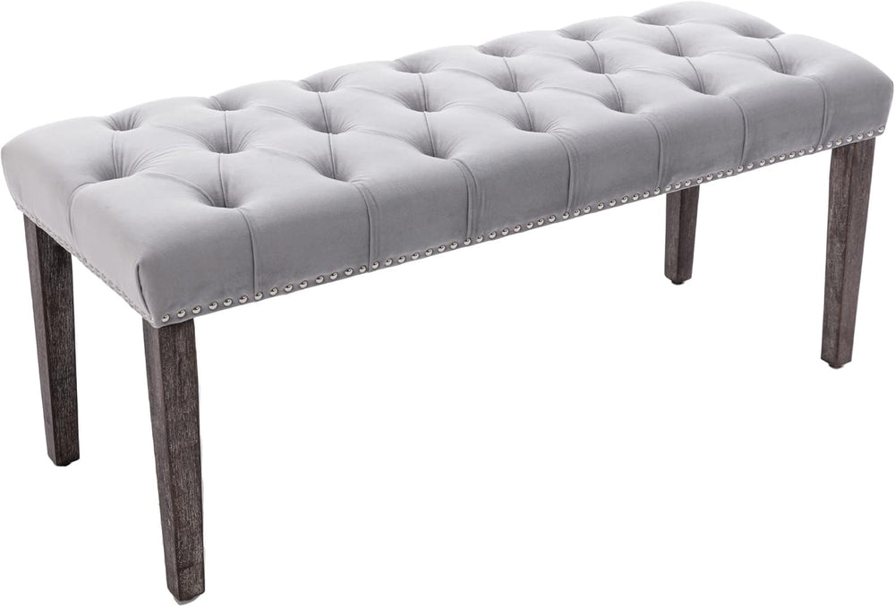 KCC Button-Tufted Ottoman Bench, Upholstered Velvet Bedroom Benches,Gray