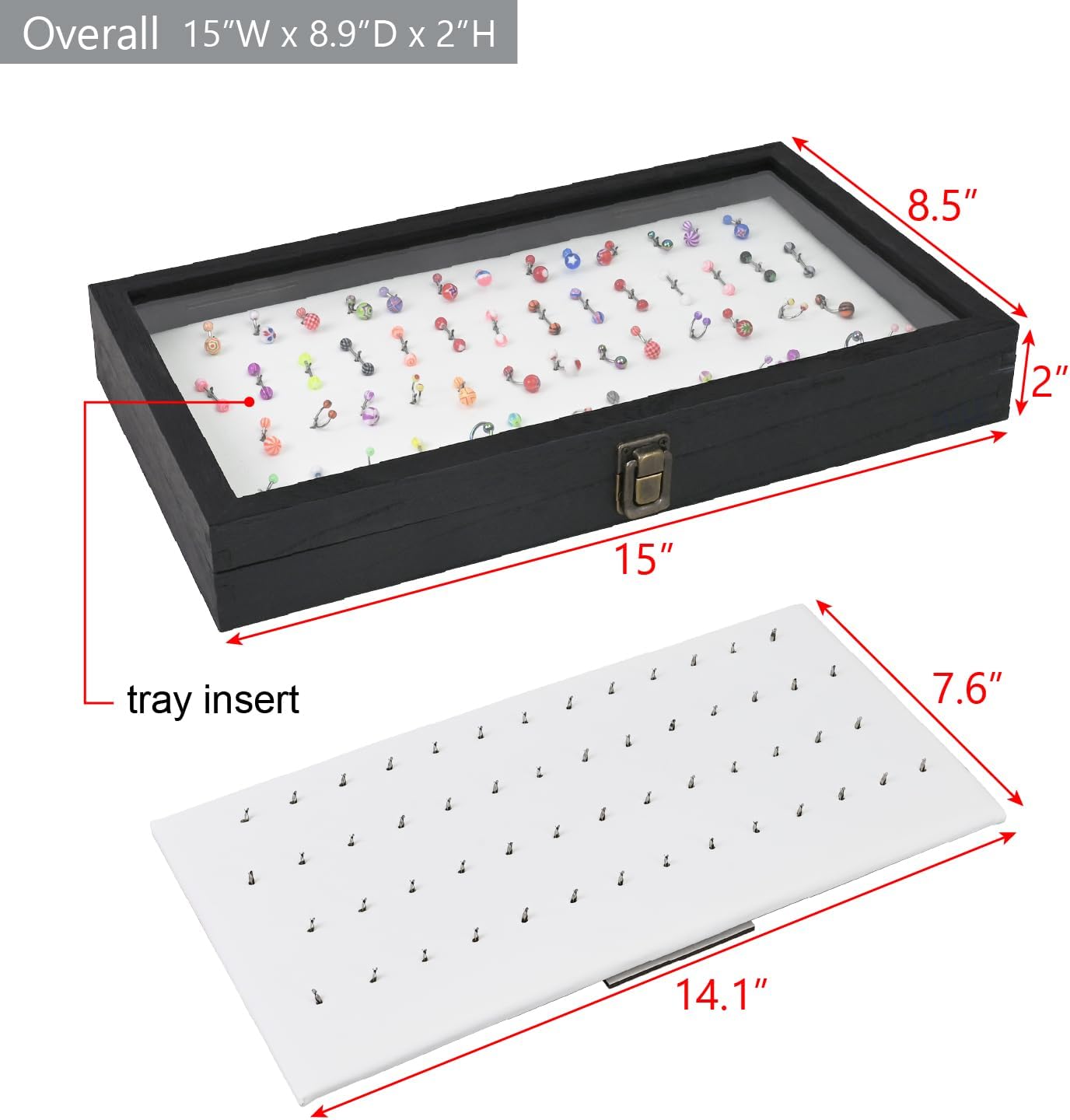 MOOCA Body Jewelry Display Tempered Glass Case with 54 Clips, Black Velvet | Jewelry display case with a tempered-glass lid and 54-clip pad organizes belly rings, tongue rings, and barbells.
