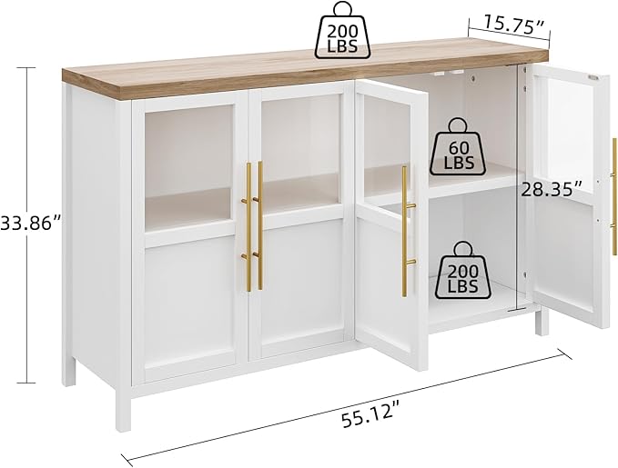 GarveeHome Sideboard Buffet Cabinet with 4 Glass Doors, 55" Buffet Table Coffee Bar Wine Bar Display Cabinet for Kitchen Dining Room, Living Room (White, Glass with 4 Doors)