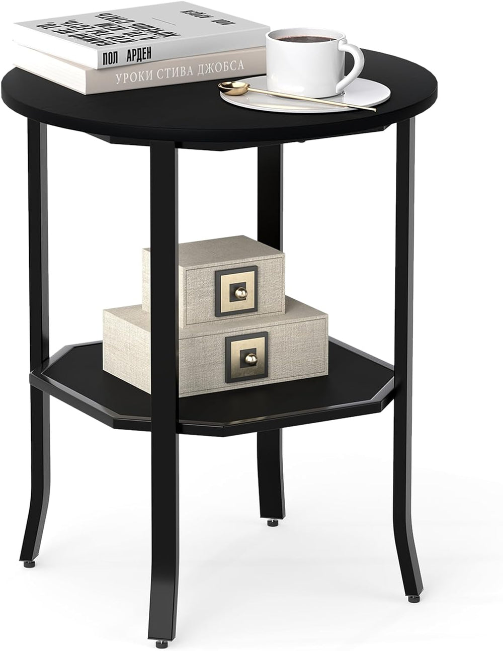 GOFLAME 2-Tier Round End Table, 20” Couch Sofa Side Table with Octagonal Stor...