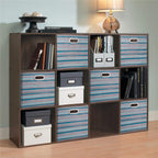 13 inch Collapsible Storage Cubes Bins Teal Stripes Fabric Storage Boxes Foldable Cube Inserts Storage Grey Printed Folding Cloth Storage Baskets Drawer Organizer ,QY-SC05-3