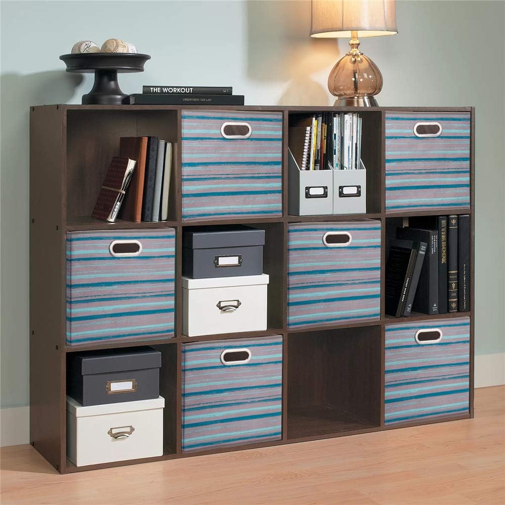 13 inch Collapsible Storage Cubes Bins Teal Stripes Fabric Storage Boxes Foldable Cube Inserts Storage Grey Printed Folding Cloth Storage Baskets Drawer Organizer ,QY-SC05-3