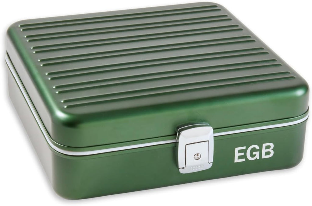 Bey-Berk Personalized Prague Aluminum 9-Slot Watch Case (Hunter Green), Locking Travel Metal Watch Box with Quilted Interior, 9.75" x 3" x 10.25"