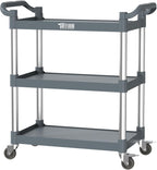 TUFFIOM 3-Tier Plastic Service Utility Cart with Wheels,Heavy Duty 390lbs Capacity,Commercial Rolling for Restaurant, Foodservice, Office, Warehouse, Gray 34.8''L x 17.4''W x 38.6''H