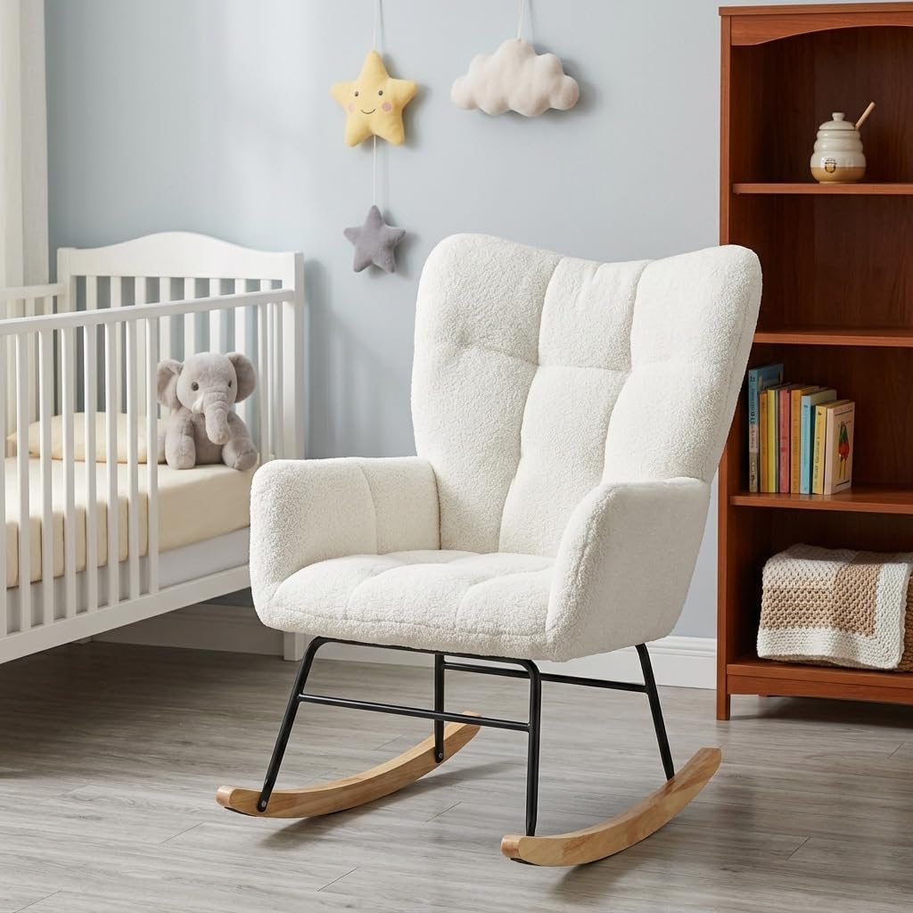 Nursery Rocking Chair, Rocking Chairs for Nursery, Baby Rocker Chair, Glider Rocker, Anti-Tip Safety Design, 440 Lb Weight Capacity, Cotton Fabric Cover, White