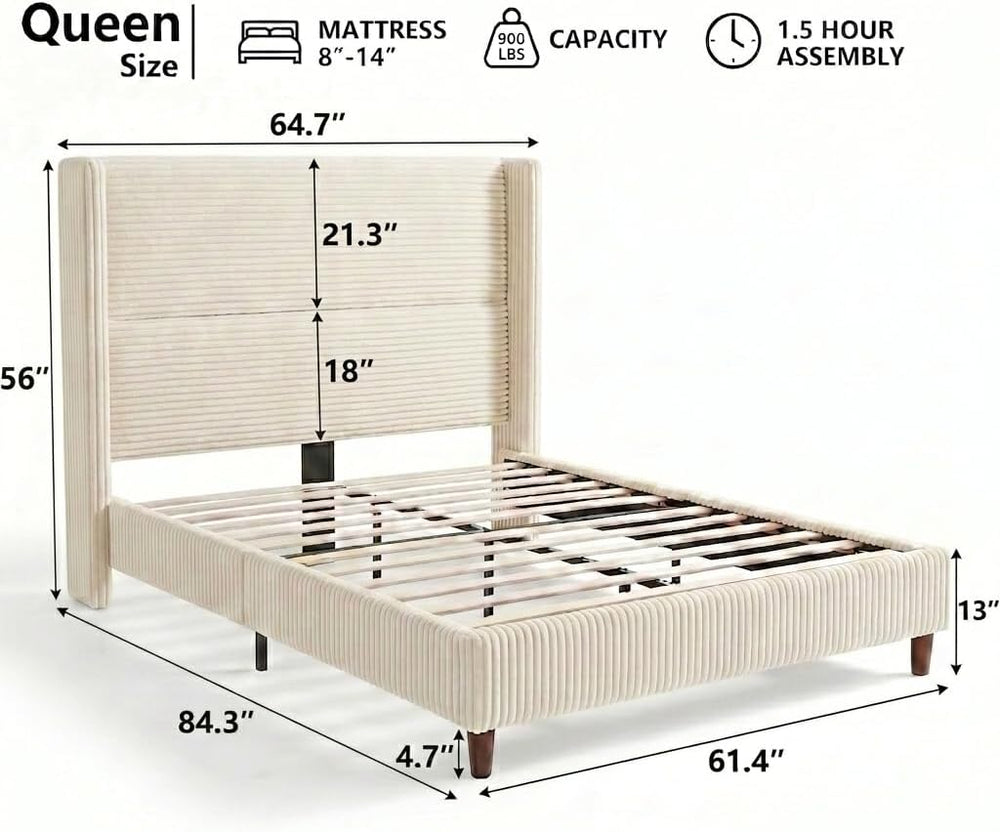 WEUP Queen Size Bed Frame with 56 Inch Corduroy Wingback Headboard, Cream