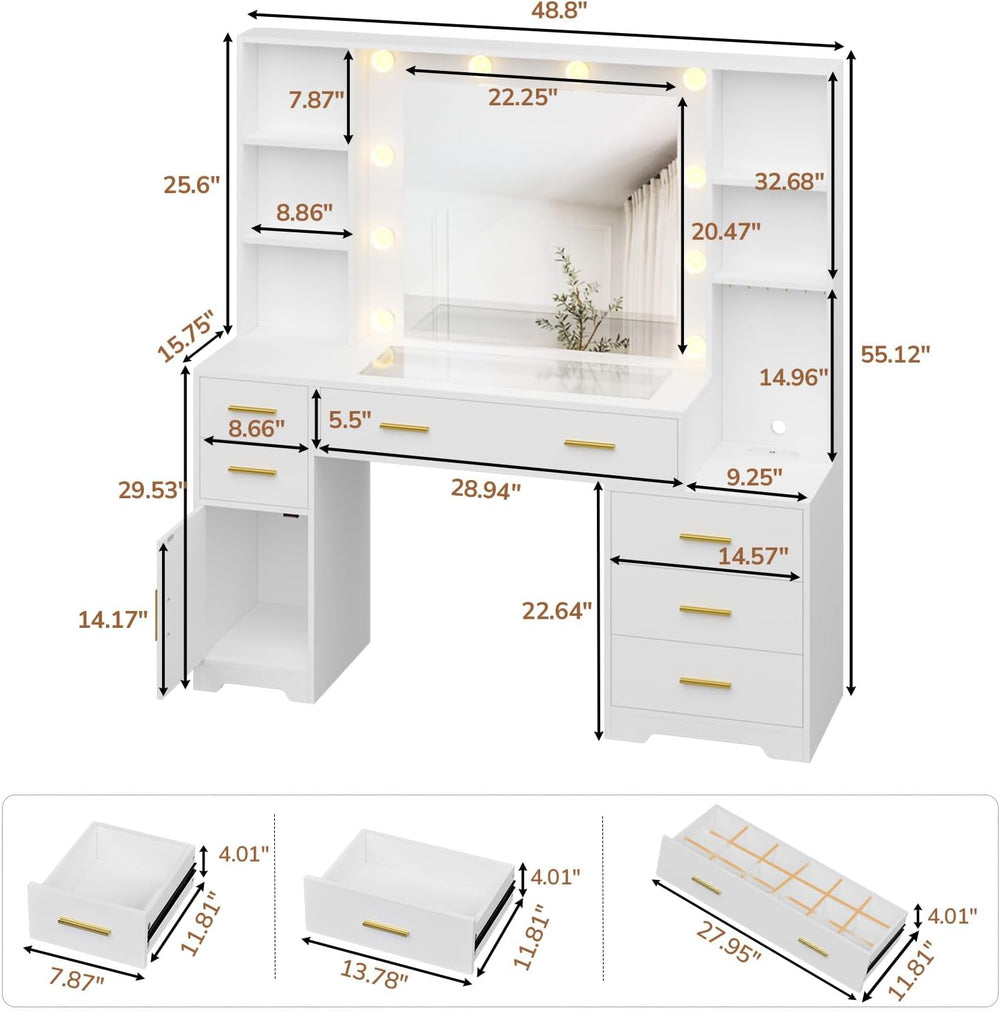 Hasuit 48.8'' Large Vanity Desk with Lighted Mirror & Power Outle...