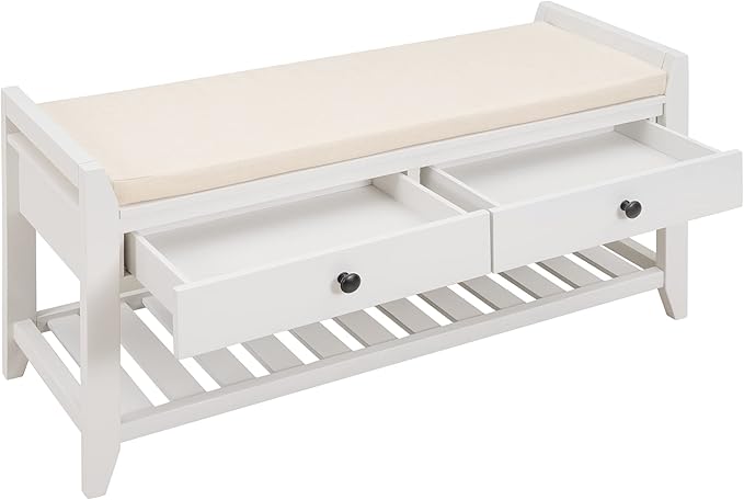 39″ Storage Bench with Cushioned Seat and Drawers,Multipurpose Wooden Entryway Ottoman,Hidden Compartment Organizing Shoe Rack,for Bedroom Hallway Porch,White