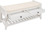 39″ Storage Bench with Cushioned Seat and Drawers,Multipurpose Wooden Entryway Ottoman,Hidden Compartment Organizing Shoe Rack,for Bedroom Hallway Porch,White