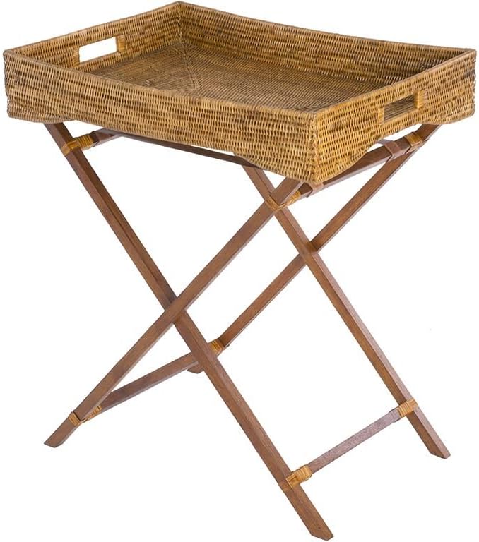 KOUBOO La Jolla Rattan Butler Tray with Folding Wood Stand, Honey Brown