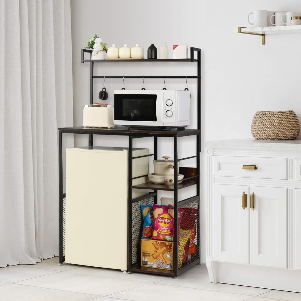 LUCKUP Mini Fridge Cabinet Microwave Stand with Shelf Storage, 4 Tiers Kitchen Bakers Rack with Adjustable Feet for Kitchen Dorm Space Saving, Rustic Brown