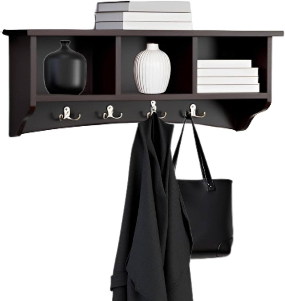 Alaterre Shaker Cottage Wall-Mounted Coat Rack with Cubbies, Chocolate, 36”