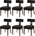 Upholstered Wooden Farmhouse Dining Chairs Set of 6, Mid-Century Modern Fabric Dining Room Chairs with Wood Legs, Curved Backrest Kitchen Armless Accent Chairs for Living Room, Black