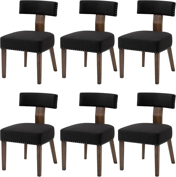 Upholstered Wooden Farmhouse Dining Chairs Set of 6, Mid-Century Modern Fabric Dining Room Chairs with Wood Legs, Curved Backrest Kitchen Armless Accent Chairs for Living Room, Black