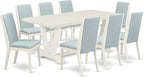 East West Furniture V027LA015-9 9 Piece Dining Set Includes a Rectangle Dining Room Table with V-Legs and 8 Baby Blue Linen Fabric Upholstered Parson Chairs, 40x72 Inch, Multi-Color