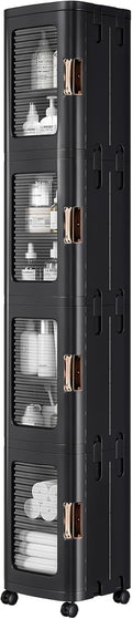 VECELO 4-Tier Tall Narrow Storage Cabinet with Movable Wheels, Adjustable Shelves, Anti-Tip, Slim, for Small Space, Bathroom, Kitchen, Laundry, Black