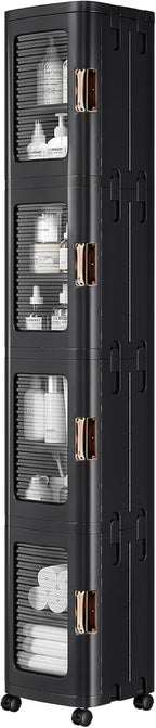 VECELO 4-Tier Tall Narrow Storage Cabinet with Movable Wheels, Adjustable Shelves, Anti-Tip, Slim, for Small Space, Bathroom, Kitchen, Laundry, Black