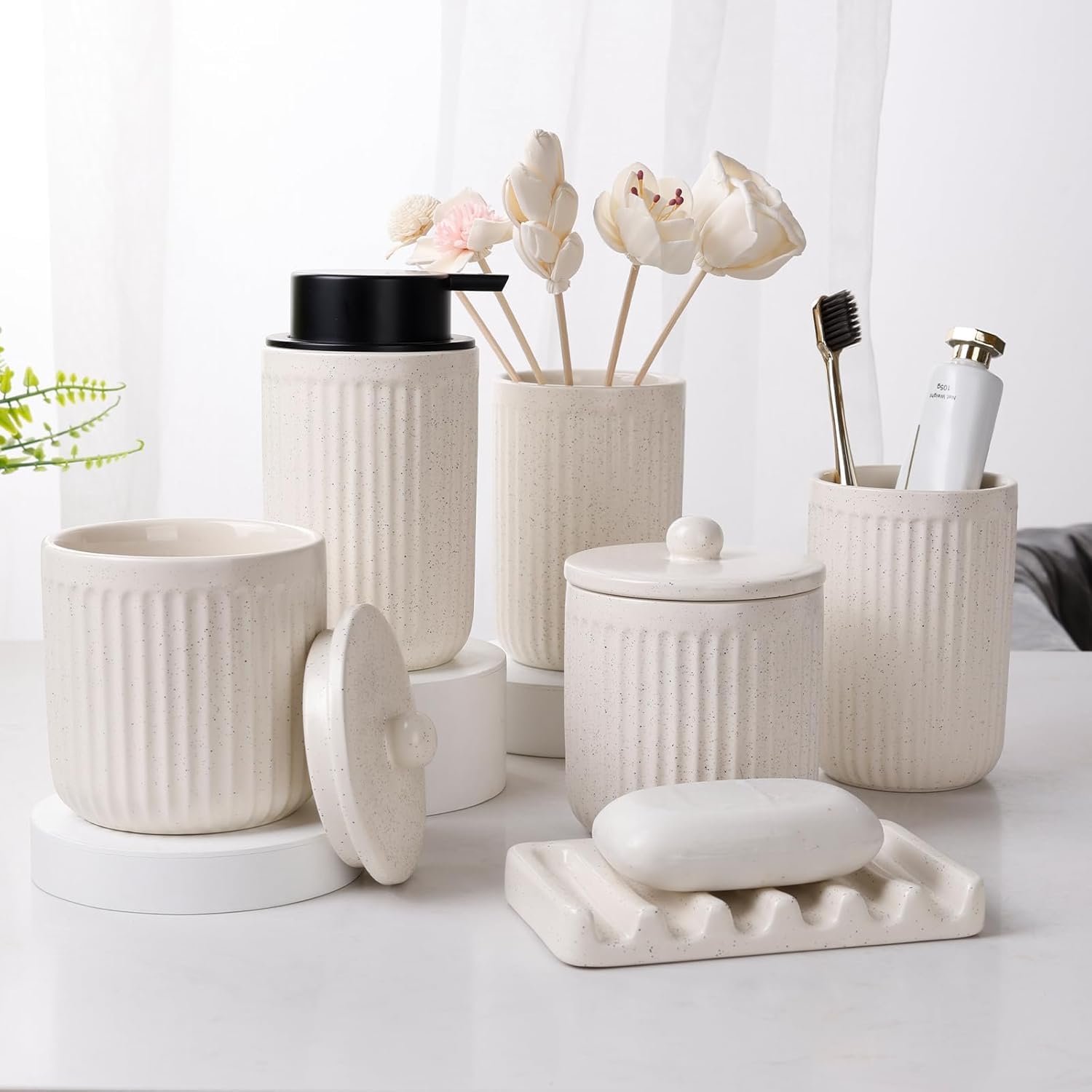 BosilunLife Beige Bathroom Accessories Set - Ceramic Bathroom Counter Soap Set Bathroom Decor Sets Accessories Bathroom Lotion Soap Dispenser and Toothbrush Holder Set, Soap Dish, Apothecary Jars