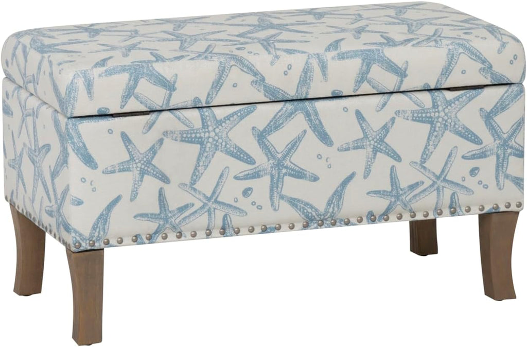 Linon Stephanie Cream and Light Blue Starfish Fully Upholstered Bench with Hidden Interior Storage
