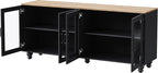 Ball & Cast Farmhouse TV Stand with Tempered Glass Doors for TVs up to 70",Sideboard Buffet w/5 Solid Wood Gourd-Shaped Legs & Adjustable Shelf,Entertainment Center for Living Room,Black+Natural