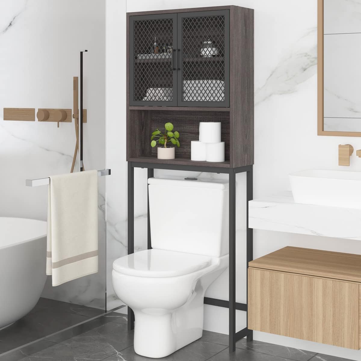 Launica Over The Toilet Storage Cabinet, Industrial Bathroom Organizer Above Toilet, Bathrooms Space Saver Stand with Shelf, Wood and Metal Freestanding Bathrooms Rack Behind The Toilet, Dark Gray Oak