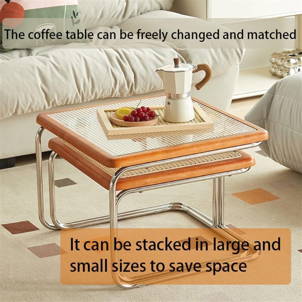 Nesting Coffee Table, Square End Table Set of 2, Small Coffee Table with Ratt...
