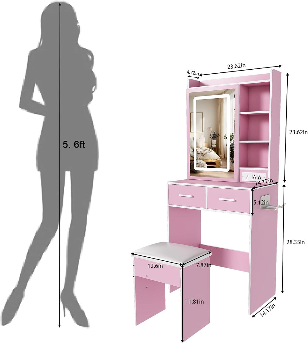 Small Vanity Desk Set with Mirror and Adjustable LED Lights, Compact Pink Dre...