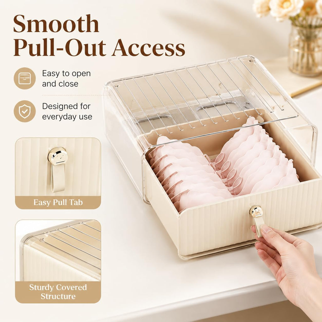 Bra Organizer for Closet, Stackable Pull-Out Drawer Style Bra Storage Organizer with Clear Top, 1-Cell Underwear Organizer for Bras, Panties, Socks, Tie, Belt and Scarf