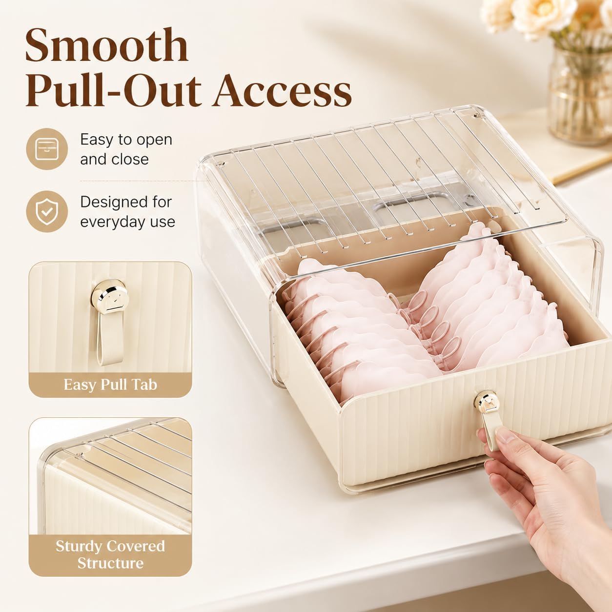 Bra Organizer for Closet, Stackable Pull-Out Drawer Style Bra Storage Organizer with Clear Top, 1-Cell Underwear Organizer for Bras, Panties, Socks, Tie, Belt and Scarf