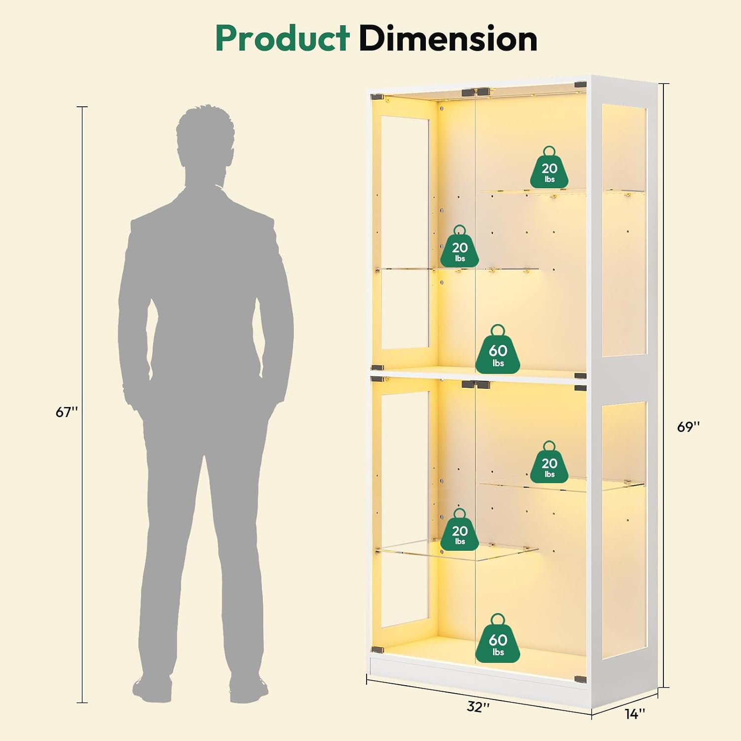 Lamtor 69-inch Glass Display Cabinet – Curio Cabinet with RGB LED Lights, Adjustable Shelves & Anti-Tip Design for Collectibles, Figures, Living Room | White