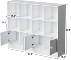 Cozy Castle White Wood Bookcase,12 Cube Storage Organizer Bookshelf with 4 Doors,3 Tier Storage Cabinet with Adjustable Shelves for Bedroom, Living Room, Office