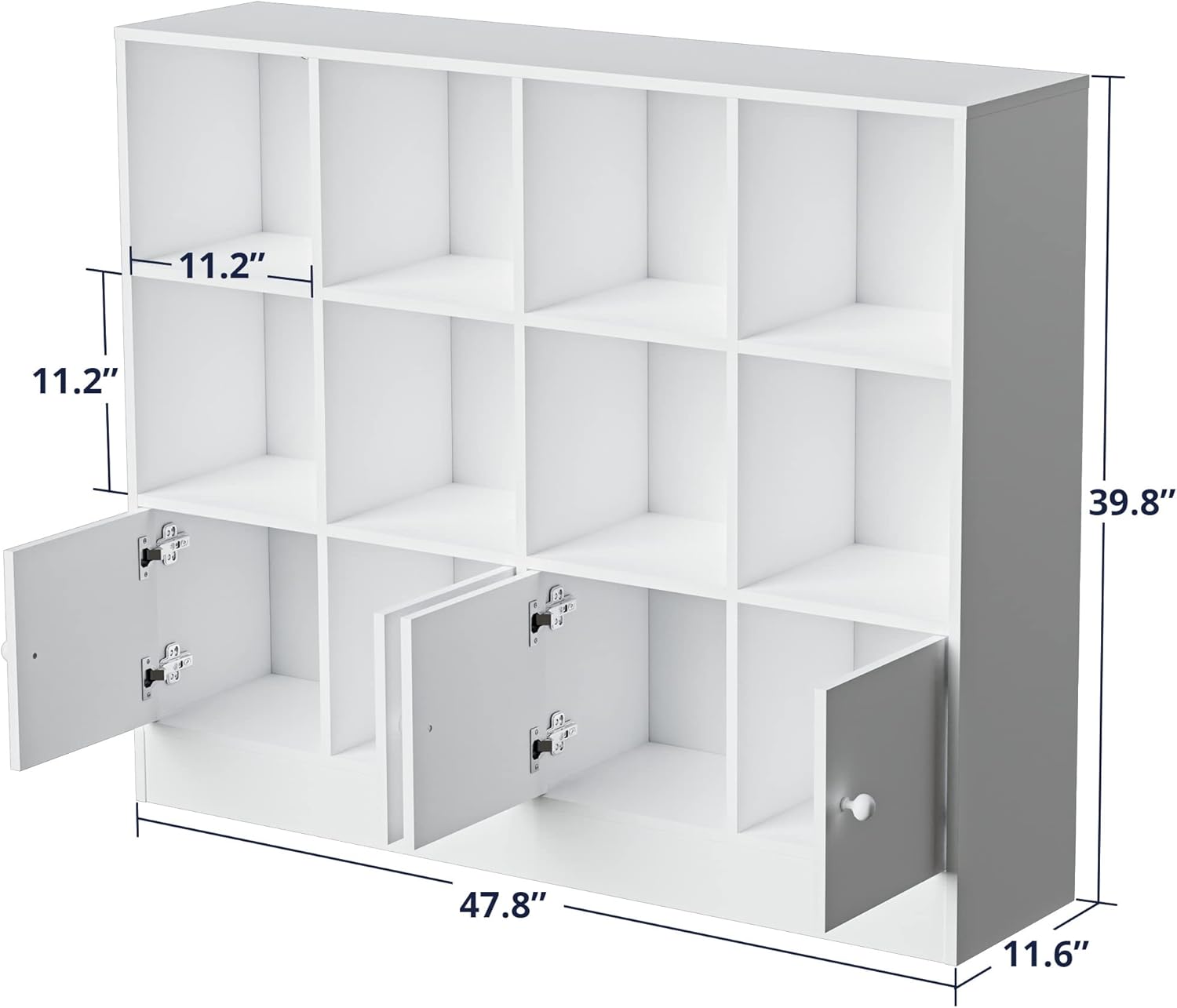 Cozy Castle White Wood Bookcase,12 Cube Storage Organizer Bookshelf with 4 Doors,3 Tier Storage Cabinet with Adjustable Shelves for Bedroom, Living Room, Office