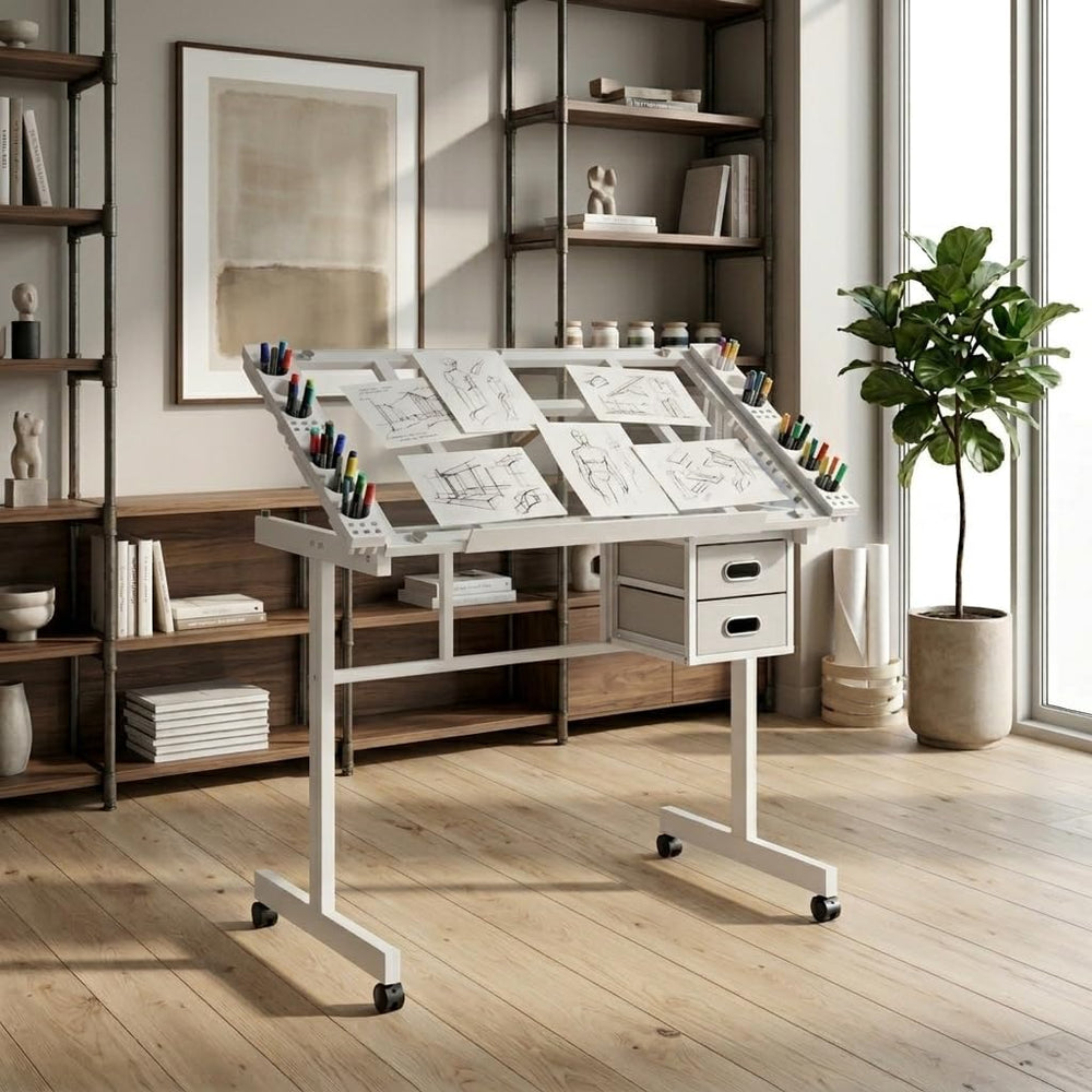 Adjustable Drawing Table for Adults, 0-70° Tilt Glass Top Artist Desk with 2 ...