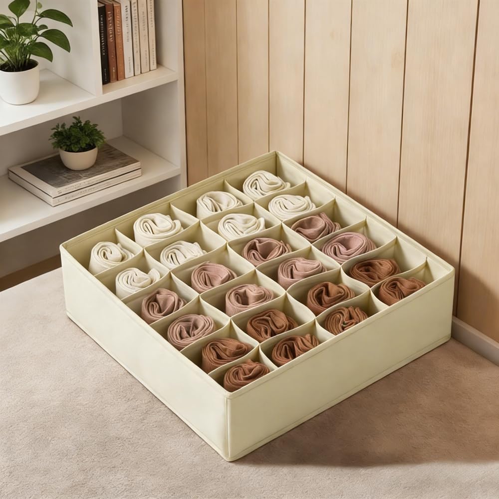 3 Pack Sock Underpants Drawer Organizer Dividers, 24 Cell Fabric Foldable Dresser Organizer for Closet Organizers and Storage Boxes for Organizing Socks, Underwear, Ties, Belts, Beige