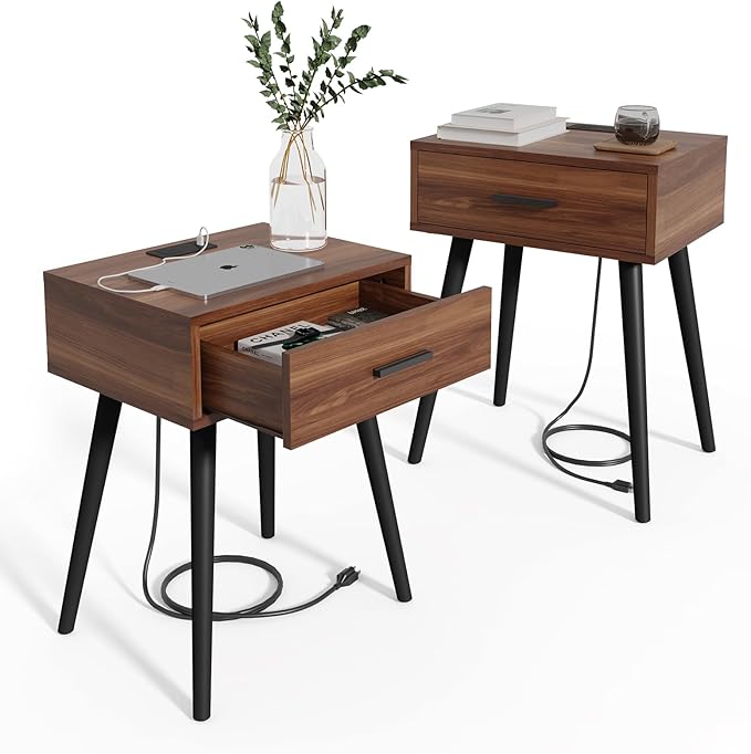 HAIOOU Set of 2 Mid Century Nightstand with Charging Station, End Table Moder...