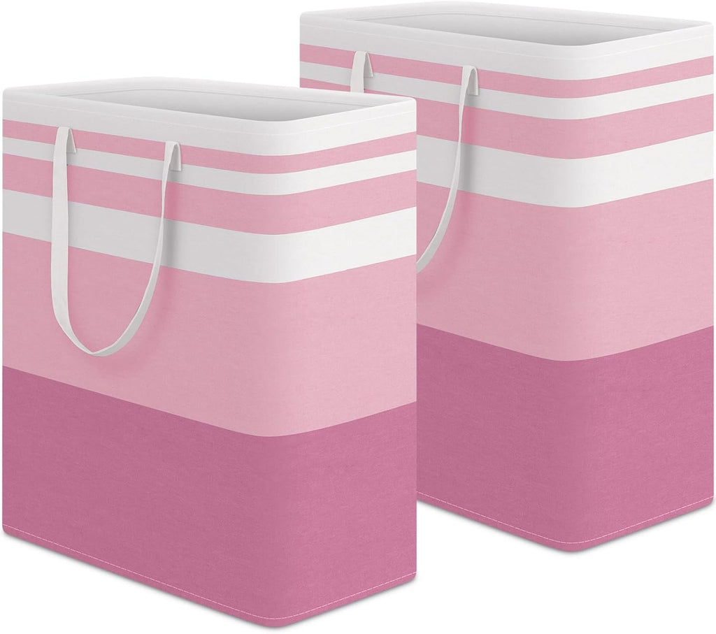 HomeHacks 2 Pack Large Laundry Baskets, Waterproof, Freestanding Laundry Hampers, Collapsible Clothes Hamper with Reinforced Handles in Laundry, College Dorm, Bathroom, Bedroom (Pink, 100Lx2)